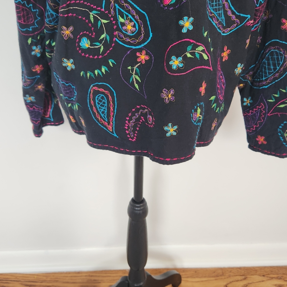 Vintage 80s Embroidered black Units Jacket Linen Cotton Blend Paisley Floral XL - Picture 8 of 16